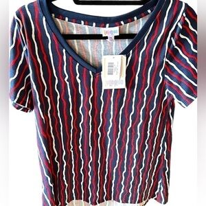 Lularoe medium navy blue v neck Christy T. NWT. Red‎ & white vertical stripe.